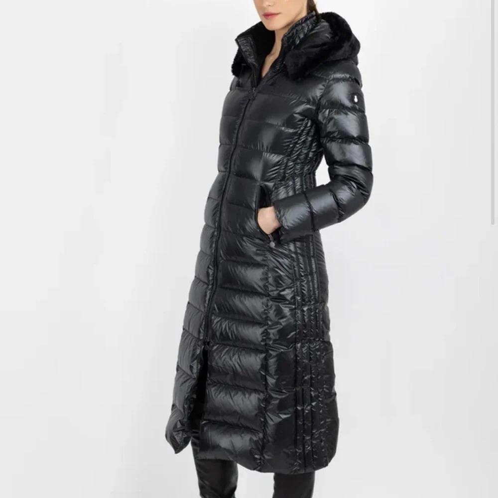 Snowman black down long puffer coat with real fur hood size Large - Picture 1 of 13